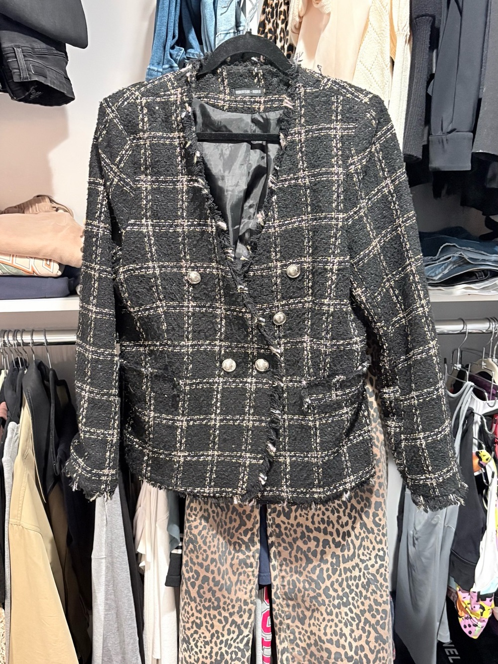 Black Windowpane Tweed Double-Breasted Blazer